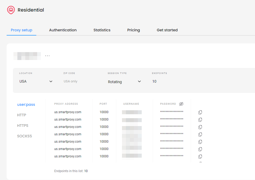 Proxy settings dashboard