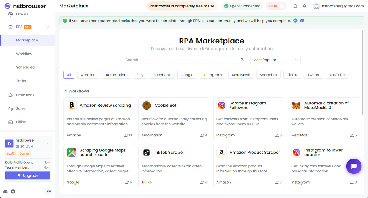 RPA Marketplace of Nstbrowser