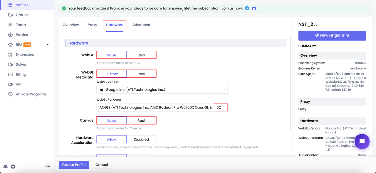 Change fingerprint parameters