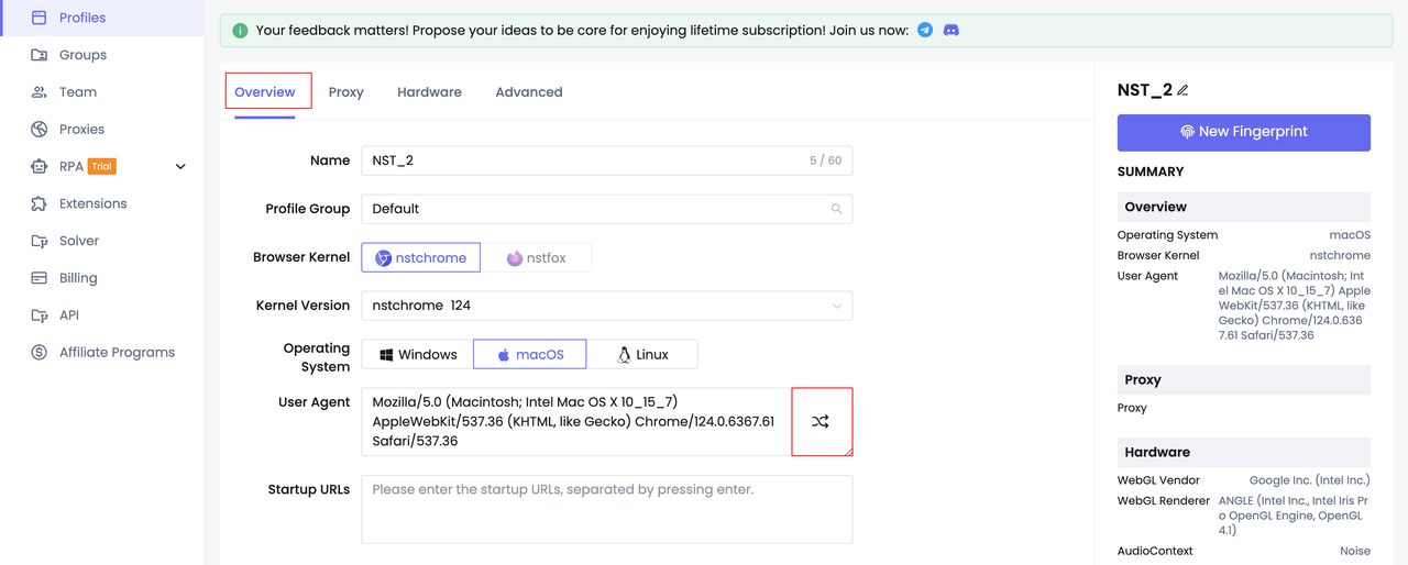 Change fingerprint parameters