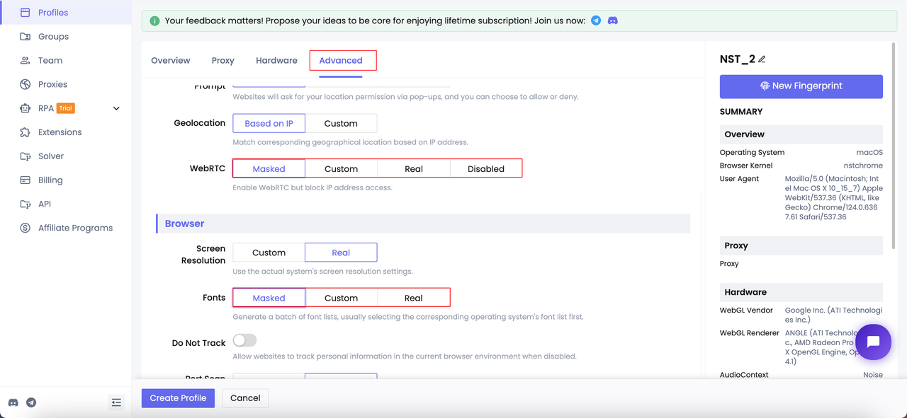 Change fingerprint parameters